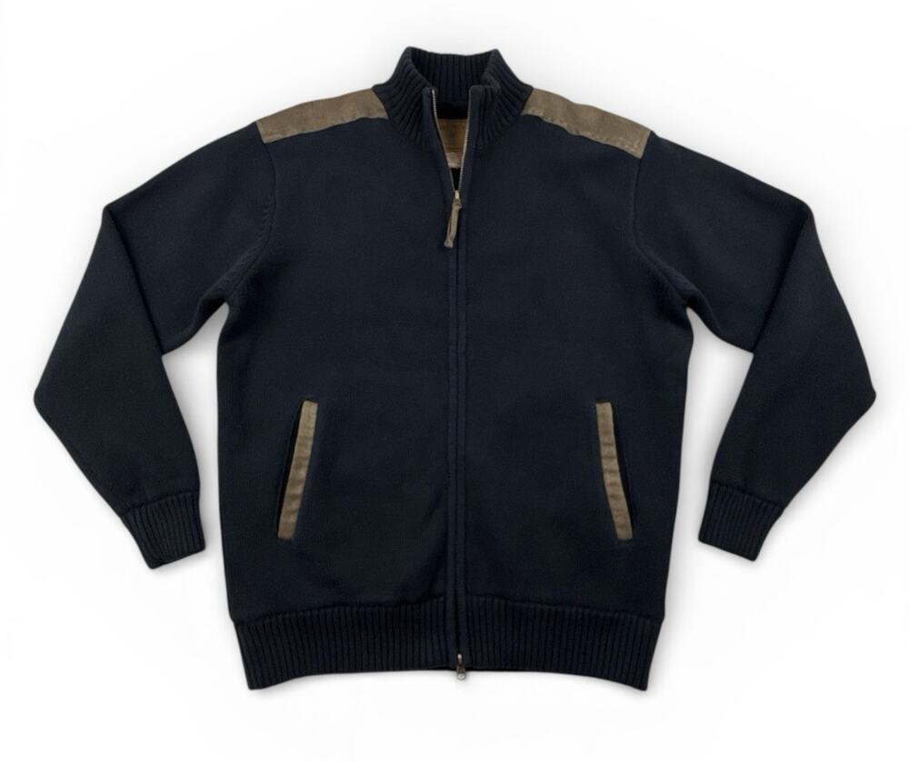 North River Sweater Jacket Mens M Full Zip Black Beige Suede Shoulder Lined